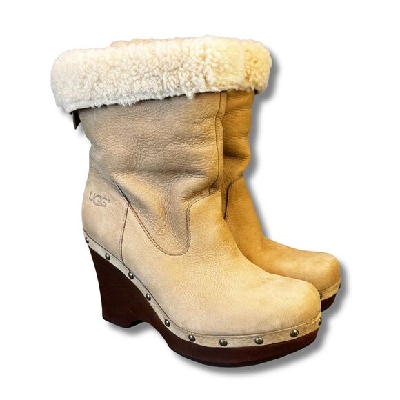 UGG Australia Sheepskin Wedge Ankle Boots – Women’s US 9 Taupe - Wood Wedge Heel - Picture 1 of 15